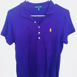 Ralph Lauren Women’s Polo Shirt in Purple with Yellow Logo Large